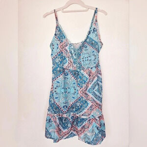 V neck boho lightweight spaghetti strap dress light blue, teal,‎ pink, white med